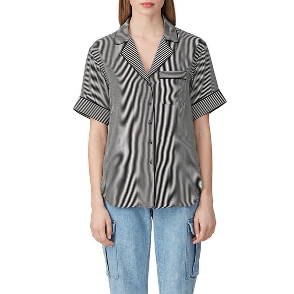Rag & Bone Luca Woman’s Short Sleeve Silk Blouse Sz‎ PXS Striped Black/White - Picture 3 of 15